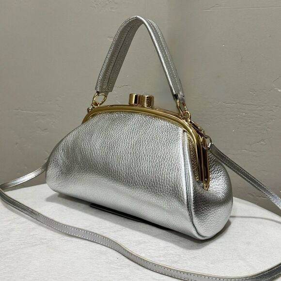 Silver Togo Cowhide Leather Handmade Kisslock Wristlet, Shoulder Bag, Crossbody - Picture 3 of 16
